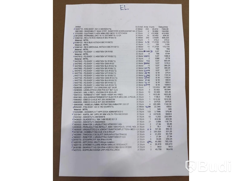Stort parti med elmaterial, blandade komponenter och kabelrullar