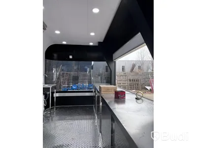 Unused food trailer with serving hatch, extractor fan and work surfaces