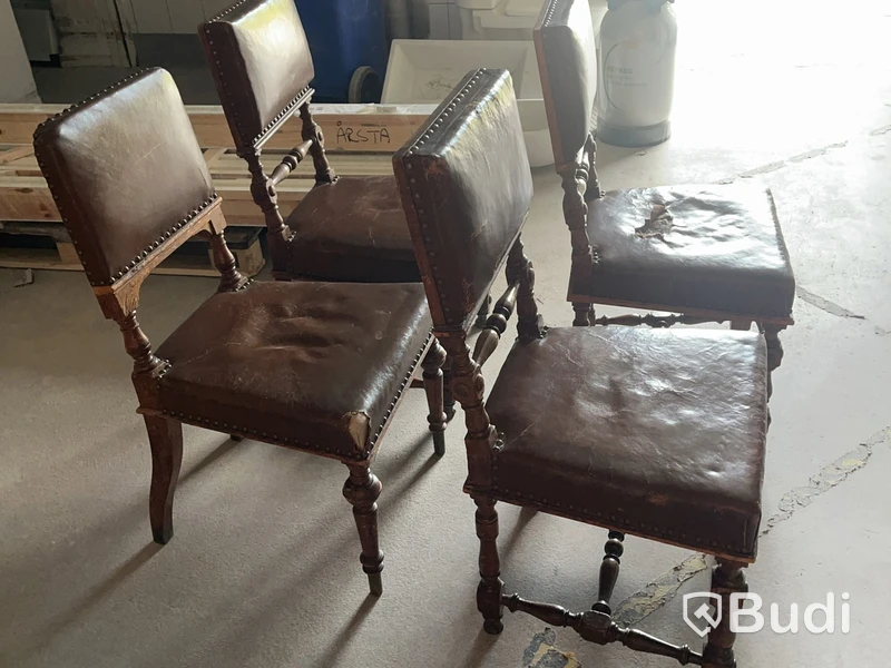 Chairs, set of 4, wood and leather, with studs