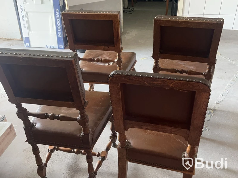Chairs, set of 4, wood and leather, with studs