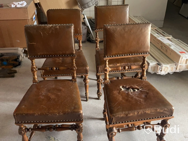 Chairs, set of 4, wood and leather, with studs