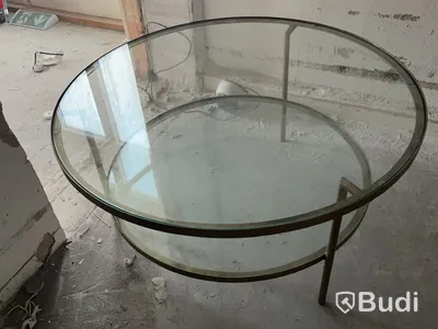 Soffbord, runt glasbord i guldfärgad metall, Ø90 cm
