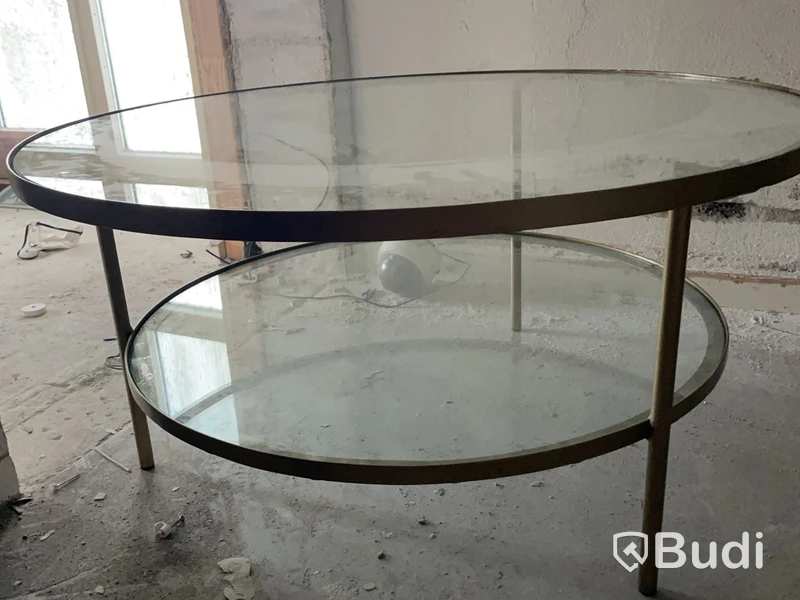 Soffbord, runt glasbord i guldfärgad metall, Ø90 cm