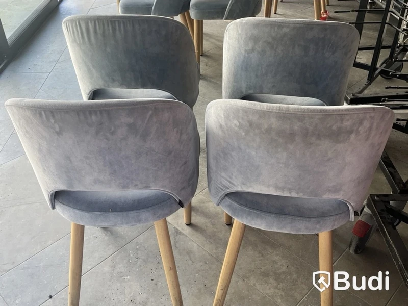 Chairs, set of 4, blue velvet, wooden legs