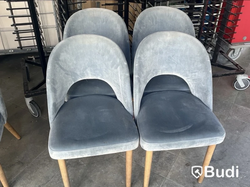 Chairs, set of 4, blue velvet, wooden legs
