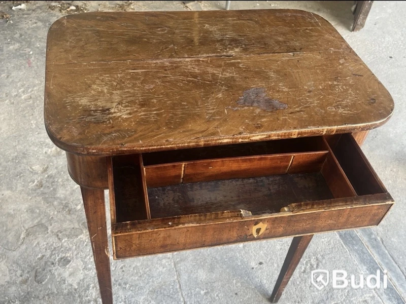 Antique sewing table, brown wood, drawer