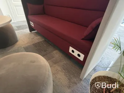 2 sound-dampening sofas with privacy screens, incl. 2 ottomans and a coffee table
