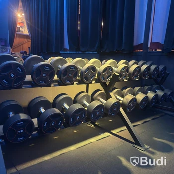 Complete set of dumbbells on rack, 10 kg to 32.5 kg