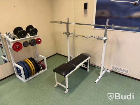 Gymutrustning – Ställning, bänk, skivstång, 110kg vikter, m.m