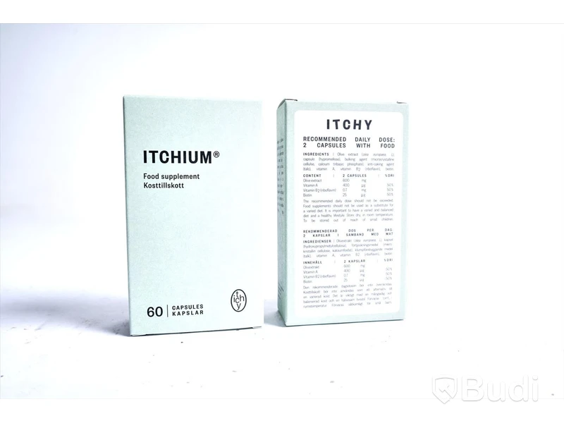 Kosttillskott Itchy, Itchium. 60 förpackningar per kartong, 4 st. kartonger. Totalt ord. pris inkl. moms: ca 84.000 kr