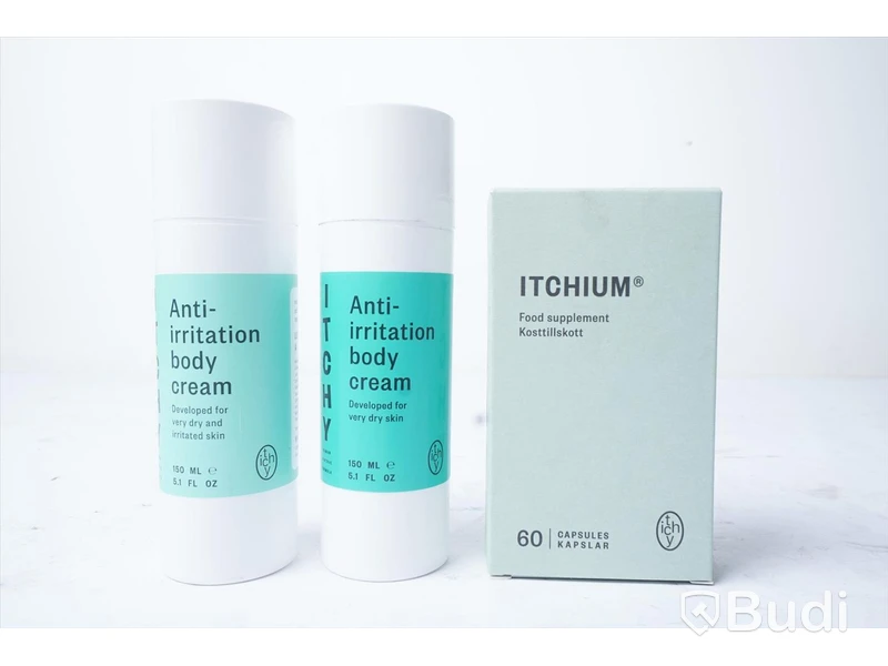 Hudkräm & kosttillskott Itchy, 2 st. kartonger Oparfymerad hudkräm för torr och irriterad hud, 2 st. kartonger hudkräm för torr hud, 2 st. kartong kosttillskott. Totalt ord. pris inkl. moms: ca 82.000 kr