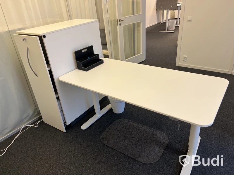 Höj- och sänkbart skrivbord med skåp och ståmatta