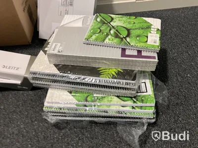 Samling kontors och förbrukningsmaterial, Leitz laminator, papper, kuvert m.m.