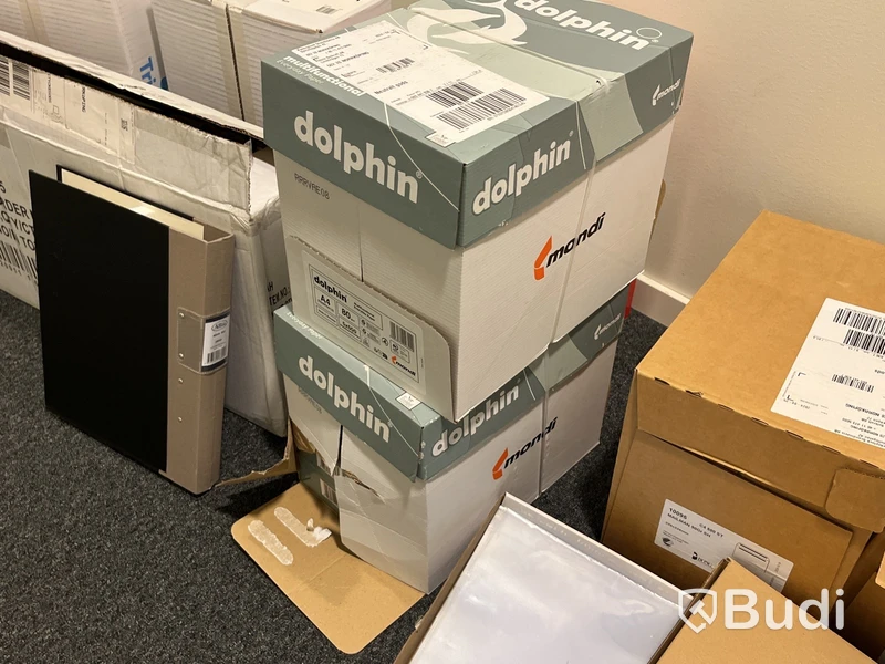 Samling kontors och förbrukningsmaterial, Leitz laminator, papper, kuvert m.m.