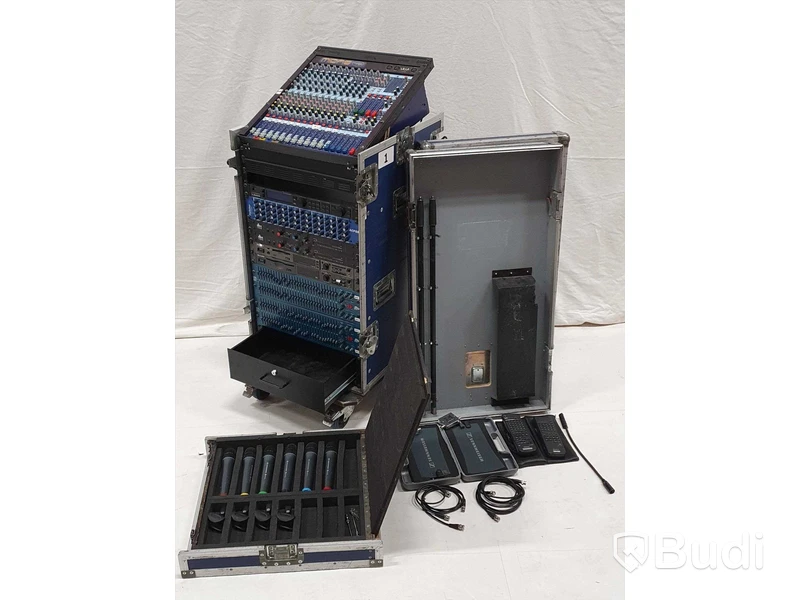 Mixrack - MIDAS Venice, TC D-TWO, PreSonus ACP88, 2st dbx 160A, Sony MDS E10, Sony CDP D12, 2st BSS oPal FCS 966, 6 kanaler trådlöst samt antennsplit.
