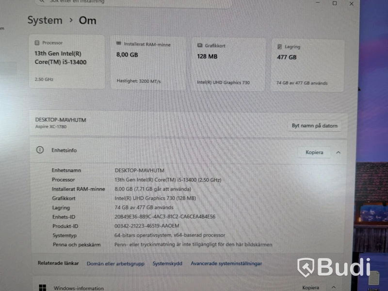 Stationär dator, Acer Aspire XC-1780, i5, 8 GB RAM