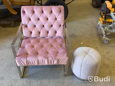 Armchair with footstool, pink/grey