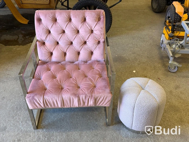 Armchair with footstool, pink/grey