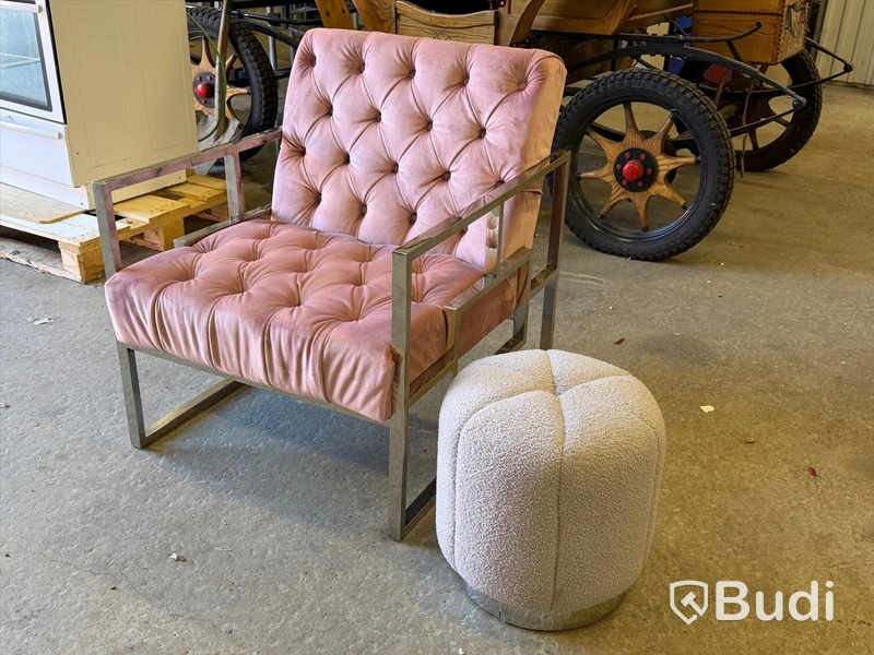 Armchair with footstool, pink/grey