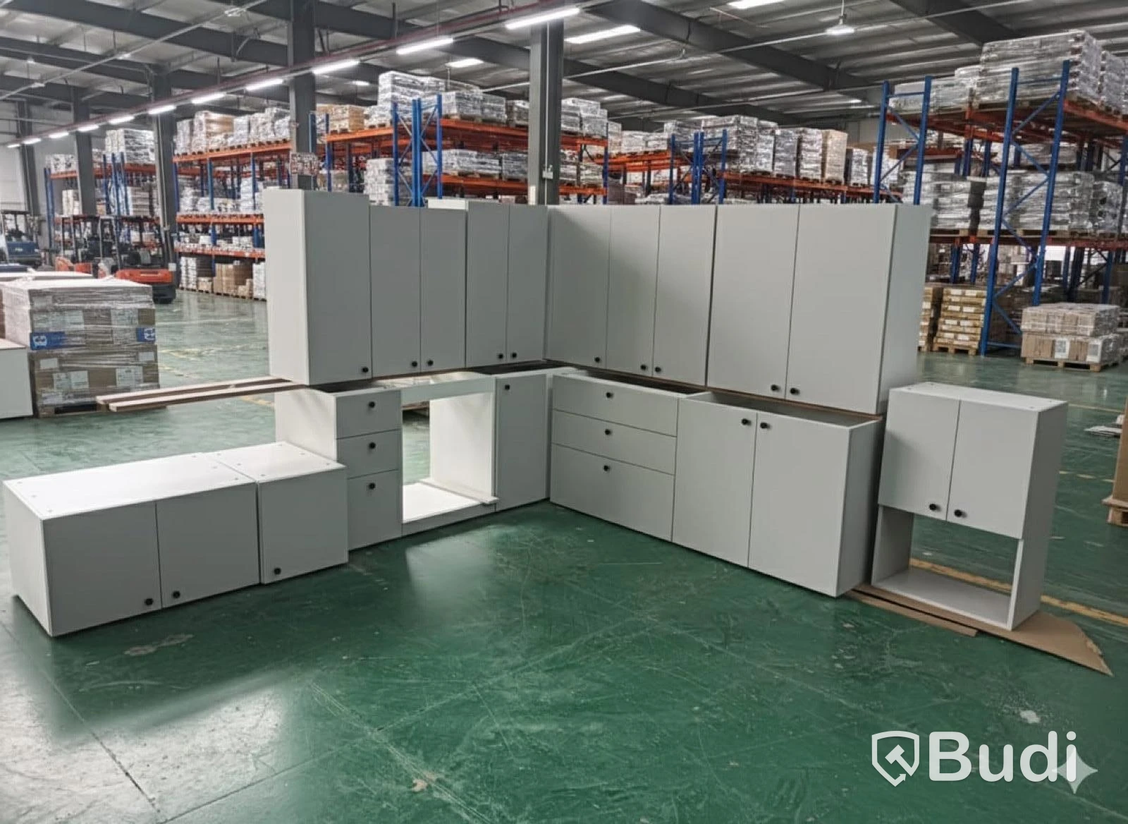 Complete L-shaped kitchen with BLUM fittings, stone countertop and sink included