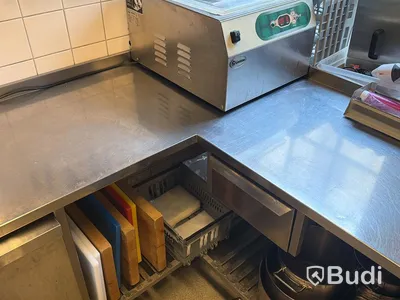 Rostfri arbetsbänk med ho, hörnmodell