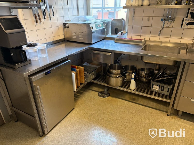 Rostfri arbetsbänk med ho, hörnmodell