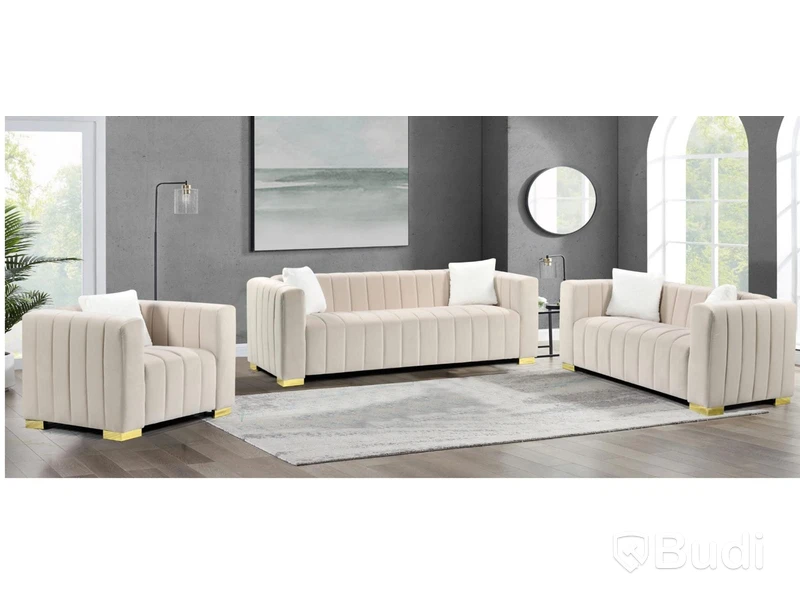 Soffgrupp, 4 del - 3+2+1+1, modell Eva, Beige sammet