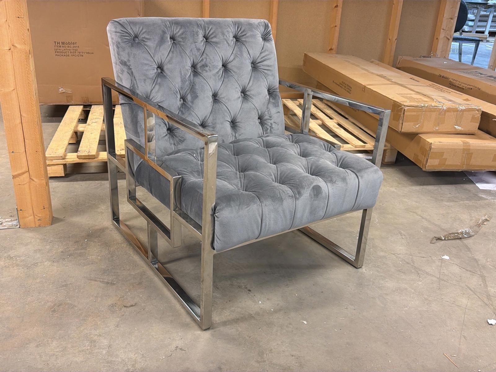 Fåtölj, metall/ grå sammet