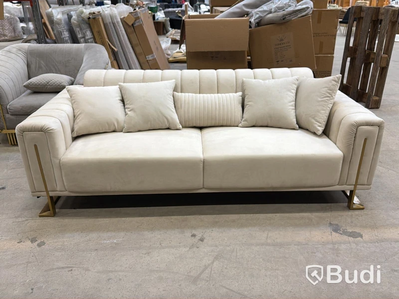 Soffa, 3-sits, beige sammet med guldfärgade ben