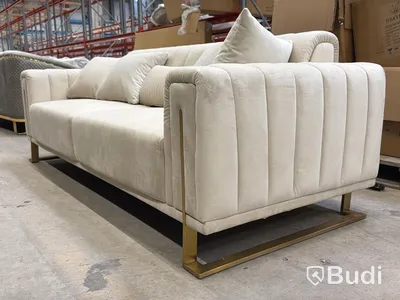 Soffa, 3-sits, beige sammet med guldfärgade ben