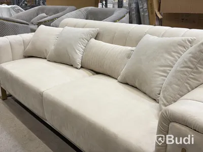 Soffa, 3-sits, beige sammet med guldfärgade ben