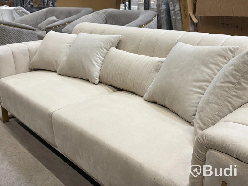 Soffa, 3-sits, beige sammet med guldfärgade ben