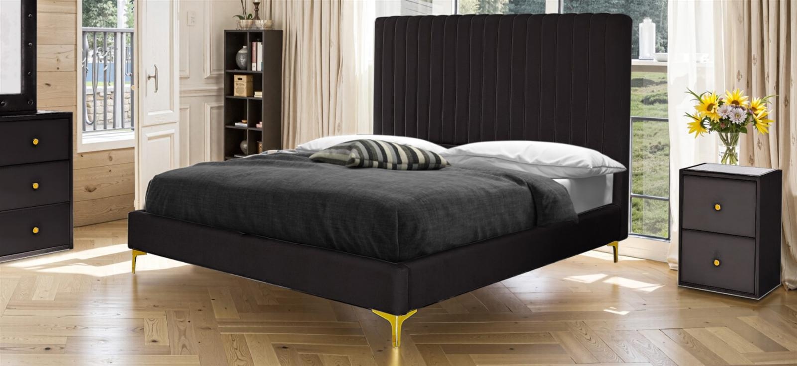 Säng med gavlar i svart sammet, 180x200 cm