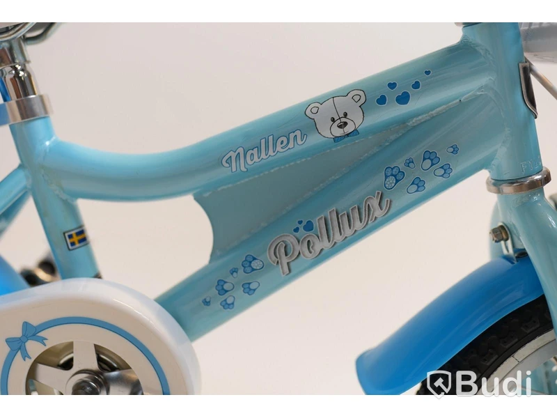 (NEW) Pollux bicycle incl. training wheels, with doll seat, 12-inch wheels, 6-inch frame, blue