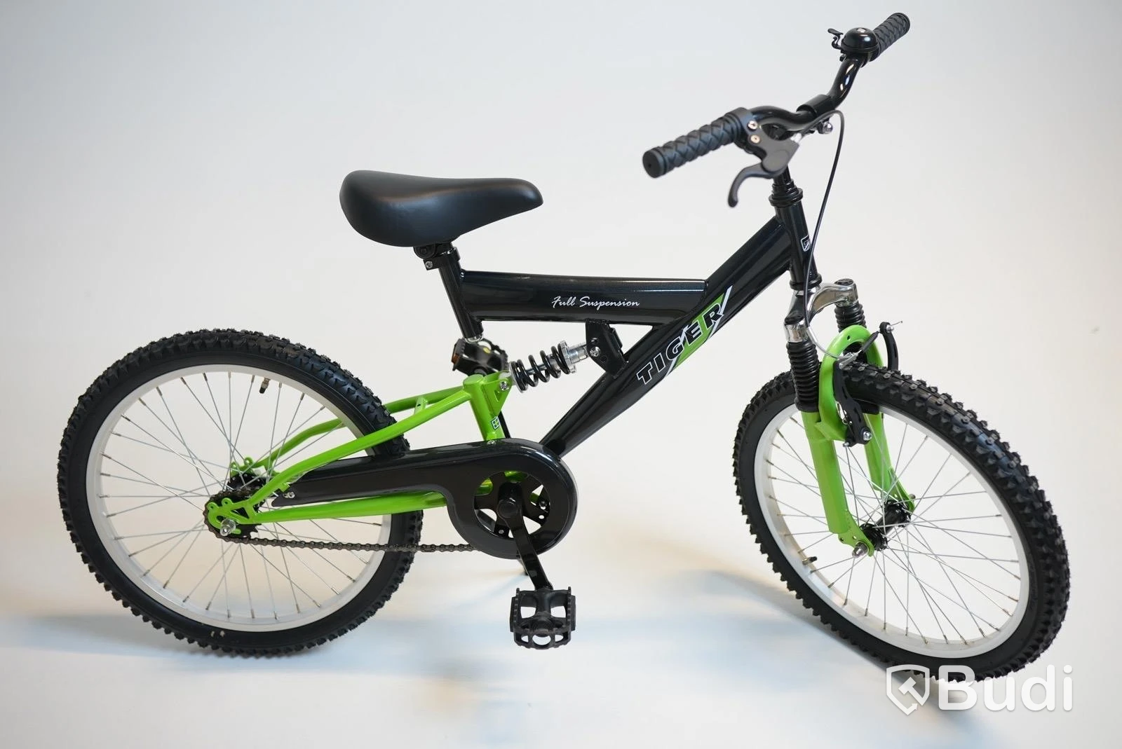 (NEW) Tiger bicycle, full-suspension MTB, 20-inch wheels, 10-inch frame, black/green