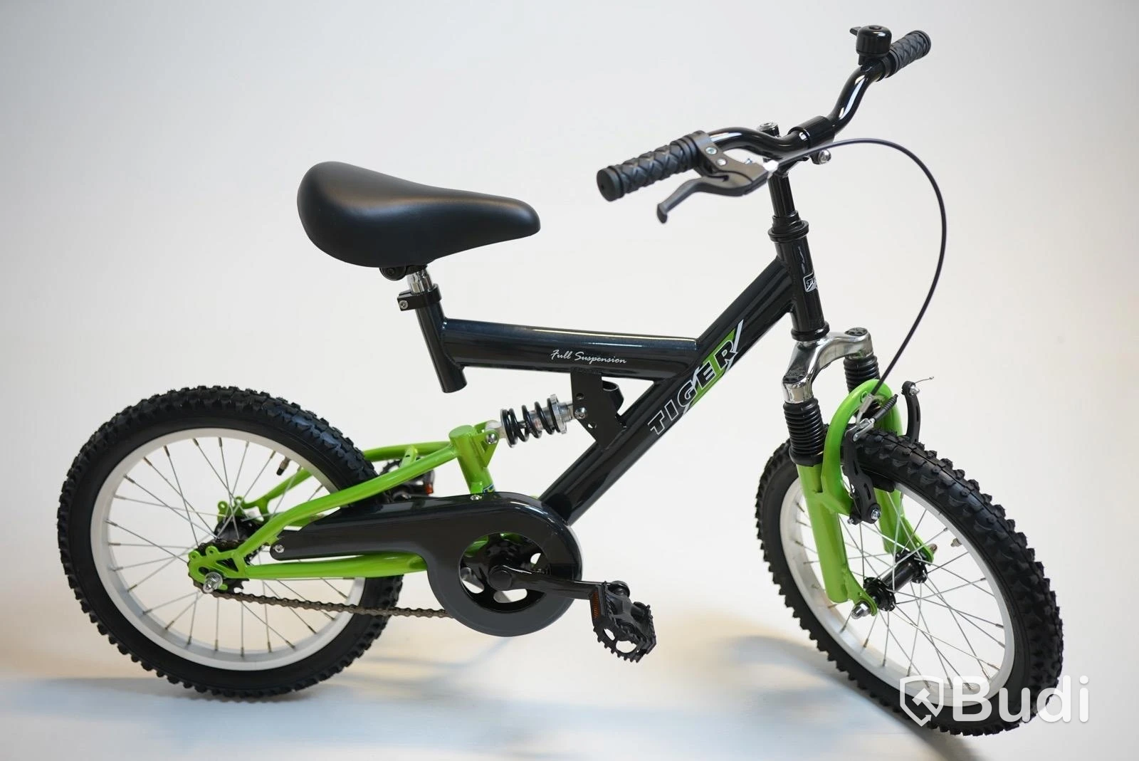 (NEW) Tiger bicycle, full-suspension MTB, 16-inch wheels, 8-inch frame, black/green