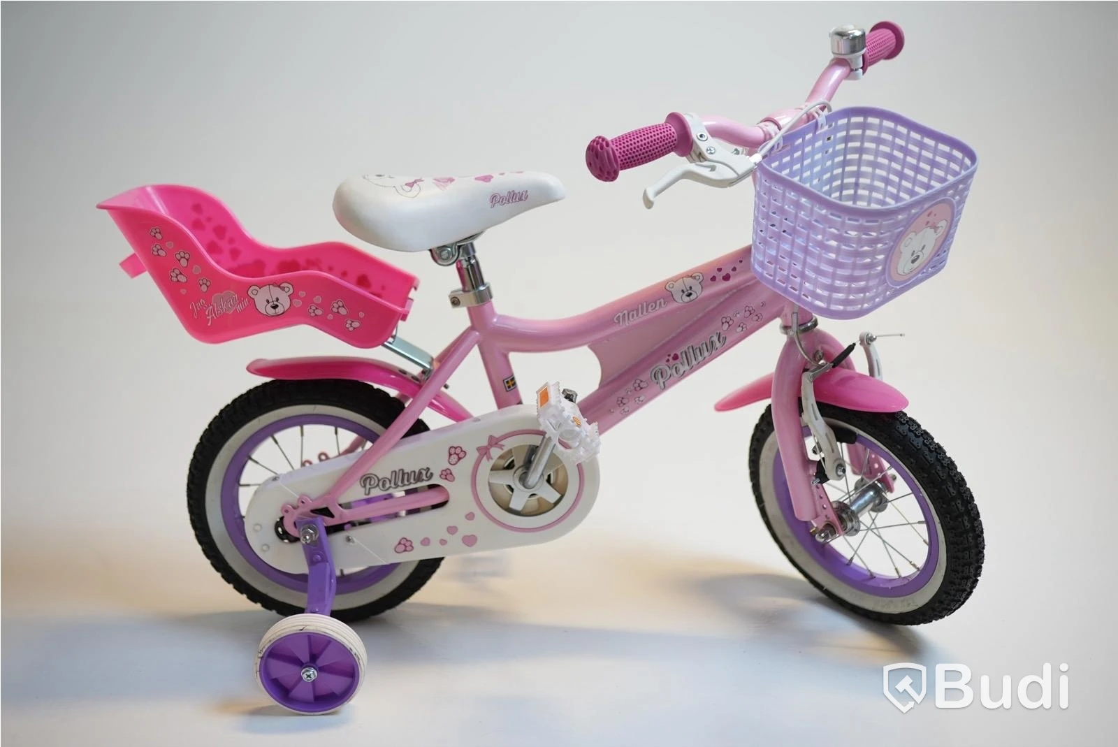 (NEW) Pollux bicycle incl. training wheels, with doll seat, 12-inch wheels, 6-inch frame, pink