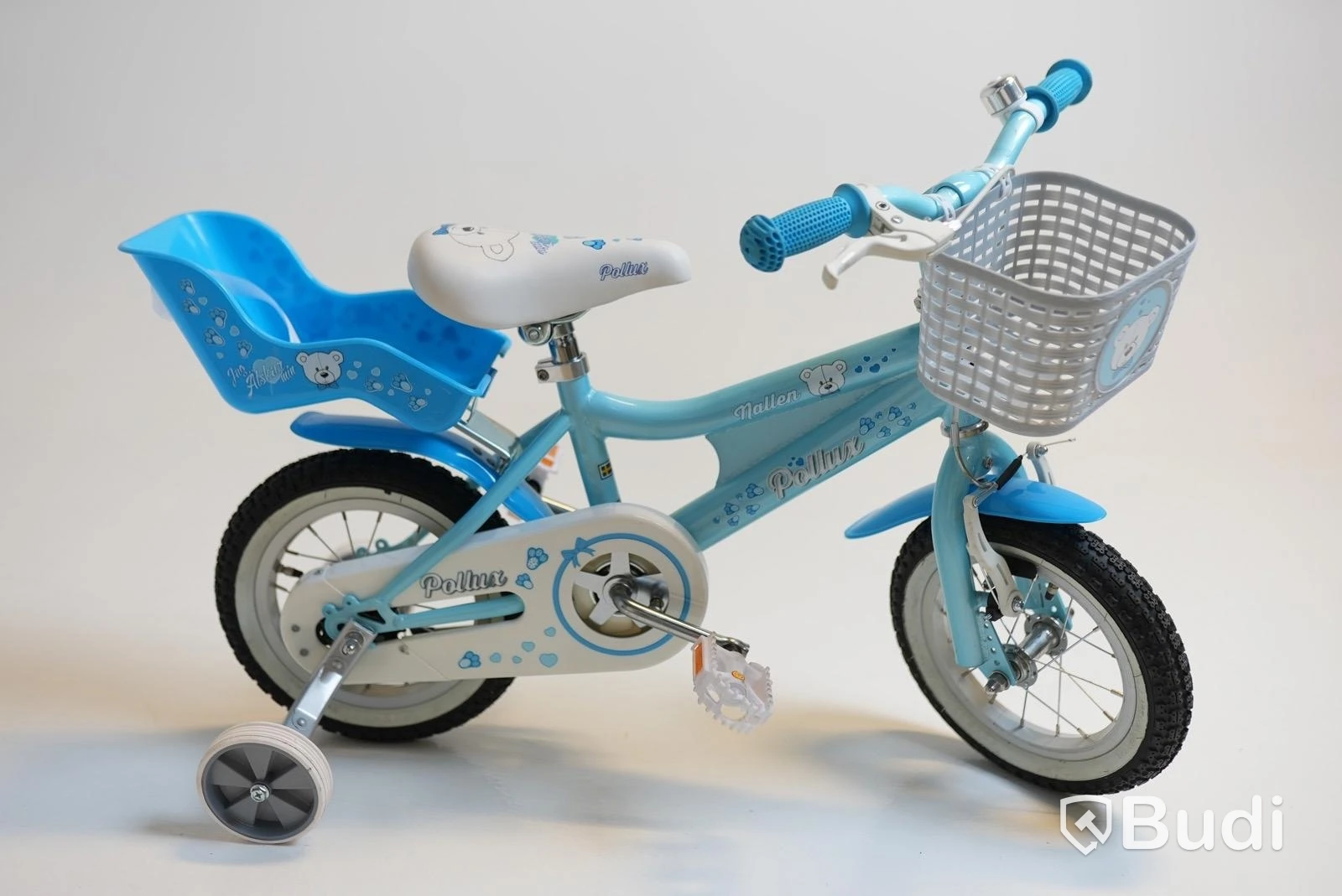 (NEW) Pollux bicycle with training wheels, doll seat, 12-inch wheels, 6-inch frame, blue