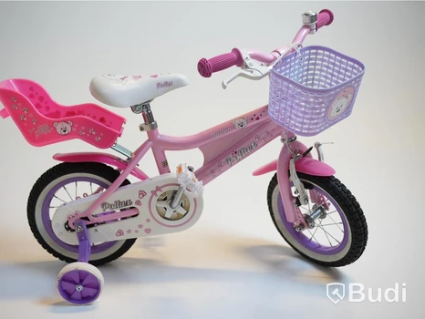 Cykel inkl. stödhjul Pollux, med docksits, hjul 12 tum, ram 6 tum, rosa