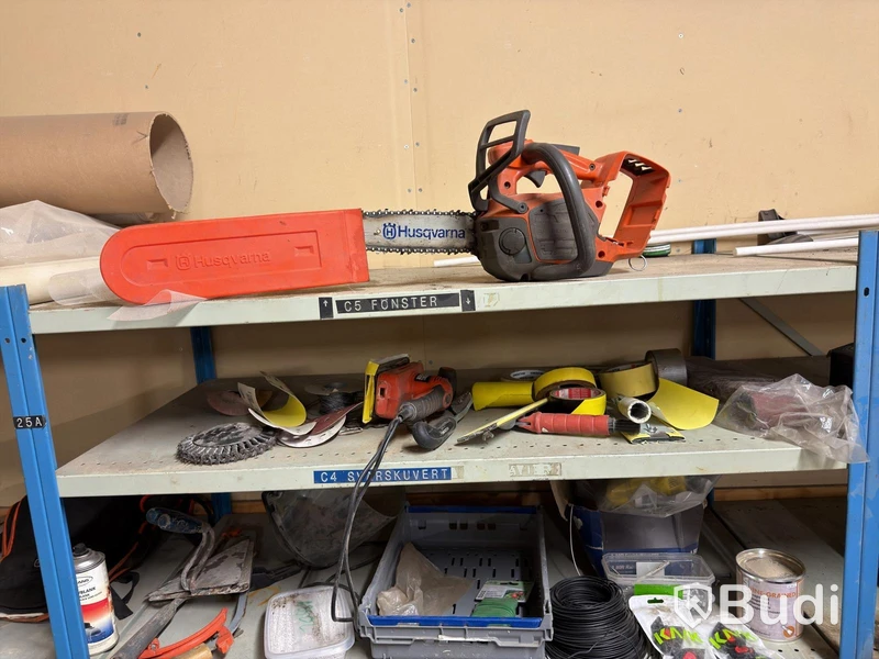 Metal shelving unit with contents