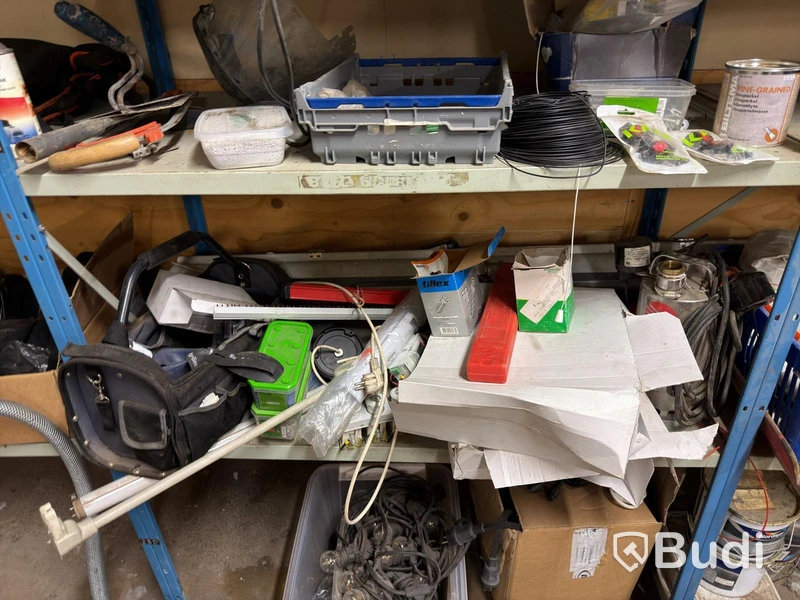 Metal shelving unit with contents
