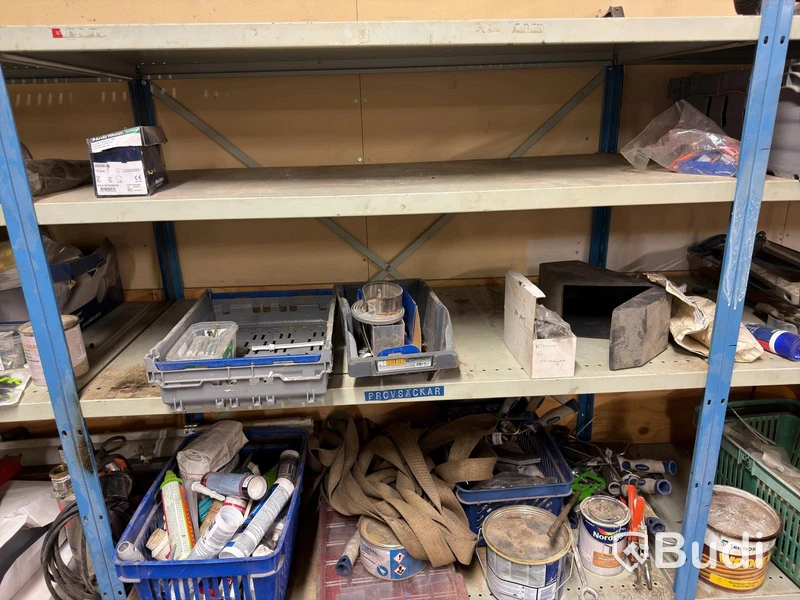 Metal shelving unit with contents