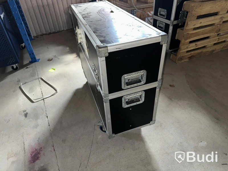 Flight cases, black, on wheels, 2 pieces.