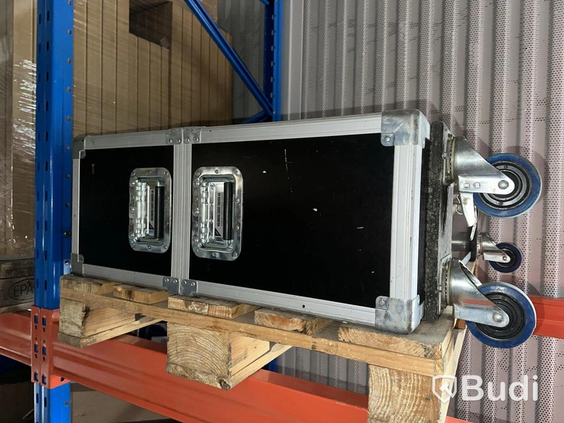 Flight cases, black, on wheels, 2 pieces.