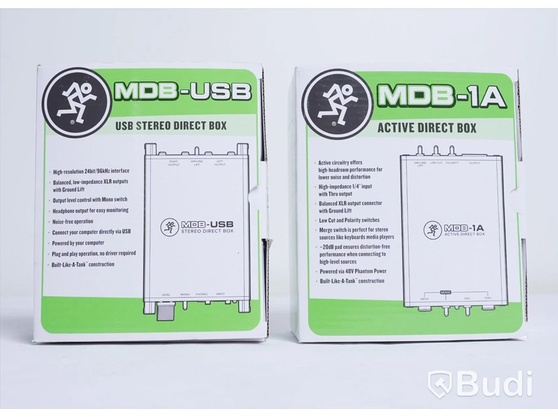 2 st DI Box - Mackie MDB-1A Active Direct Box samt MDB-USB Stereo Direct Box. Ny.