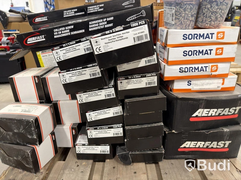 Stor blandpall – skruv, spik & infästning – Paslode, Aerfast, Sormat m.m.