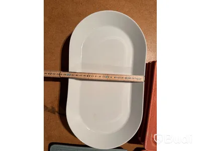 Rektangulära serveringsfat/tallrikar, set i terrakotta/teal, ovala vita