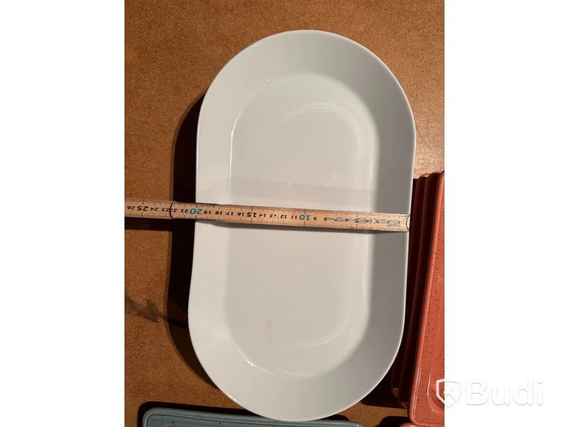 Rektangulära serveringsfat/tallrikar, set i terrakotta/teal, ovala vita