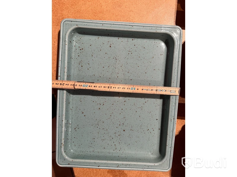 Rektangulära serveringsfat/tallrikar, set i terrakotta/teal, ovala vita