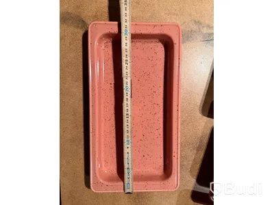 Rektangulära serveringsfat/tallrikar, set i terrakotta/teal, ovala vita